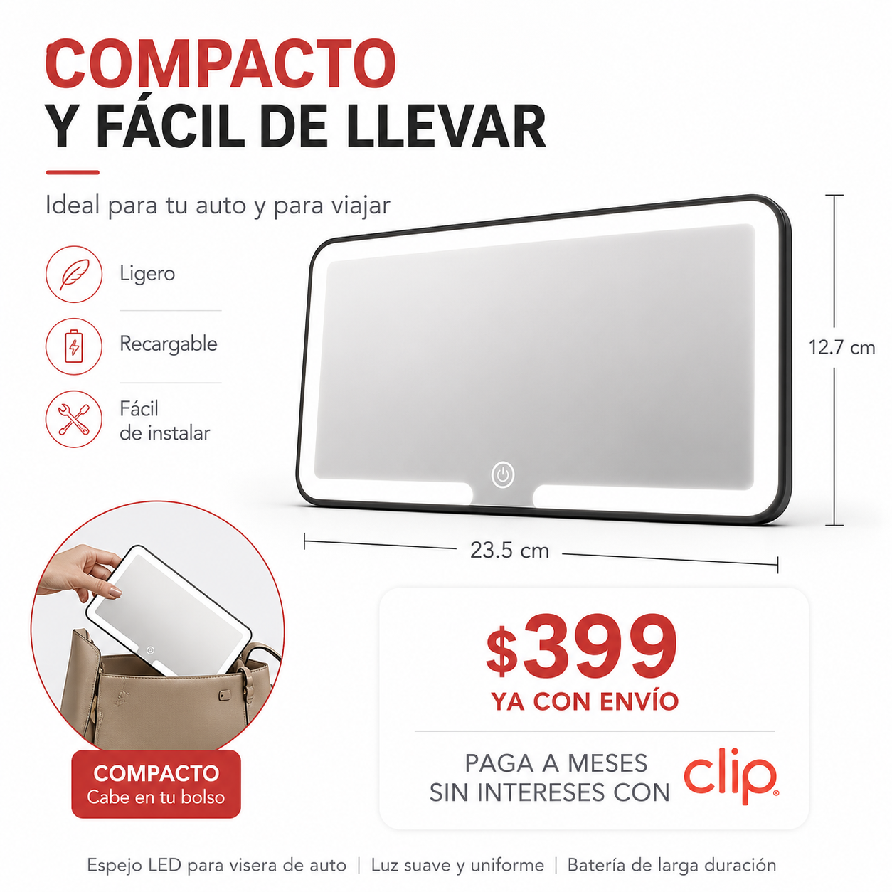 Espejo LED HD Universal para Visera de Auto con 3 Tonos de Luz y Batería Recargable - Imagen 2