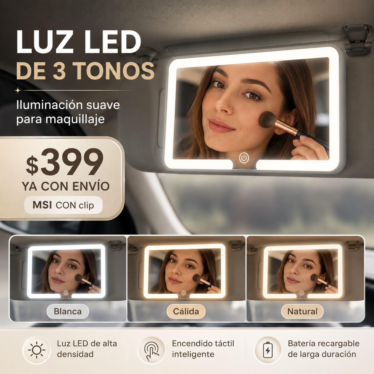Espejo LED HD Universal para Visera de Auto con 3 Tonos de Luz y Batería Recargable - Imagen 5