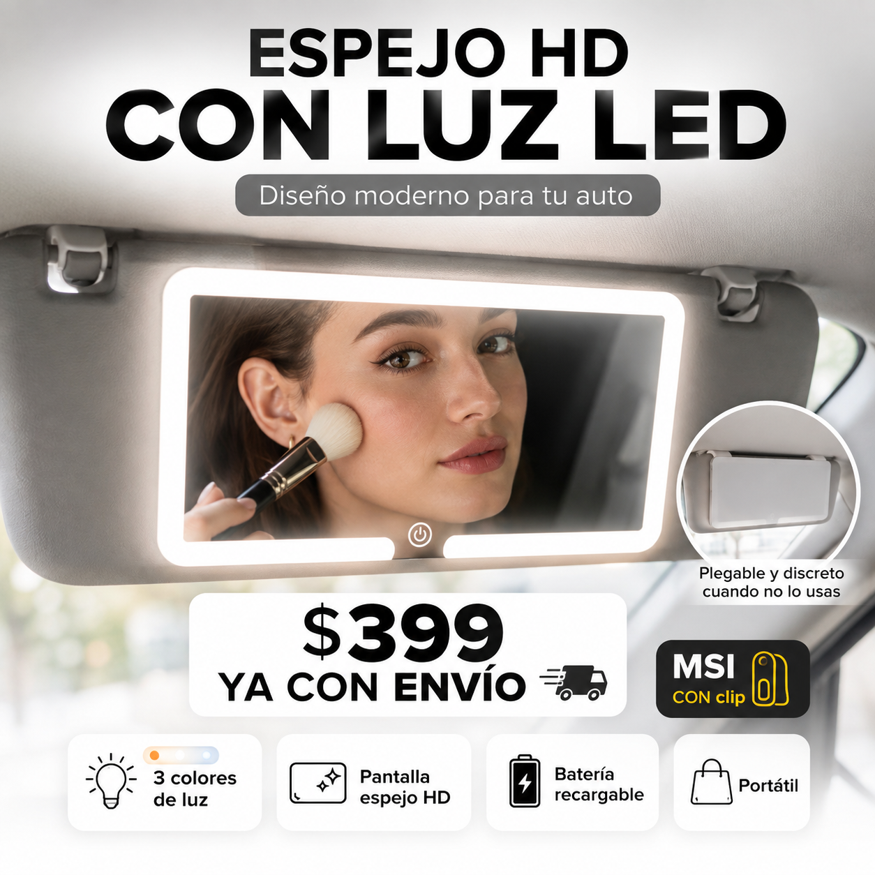 Espejo LED HD Universal para Visera de Auto con 3 Tonos de Luz y Batería Recargable - Imagen 6