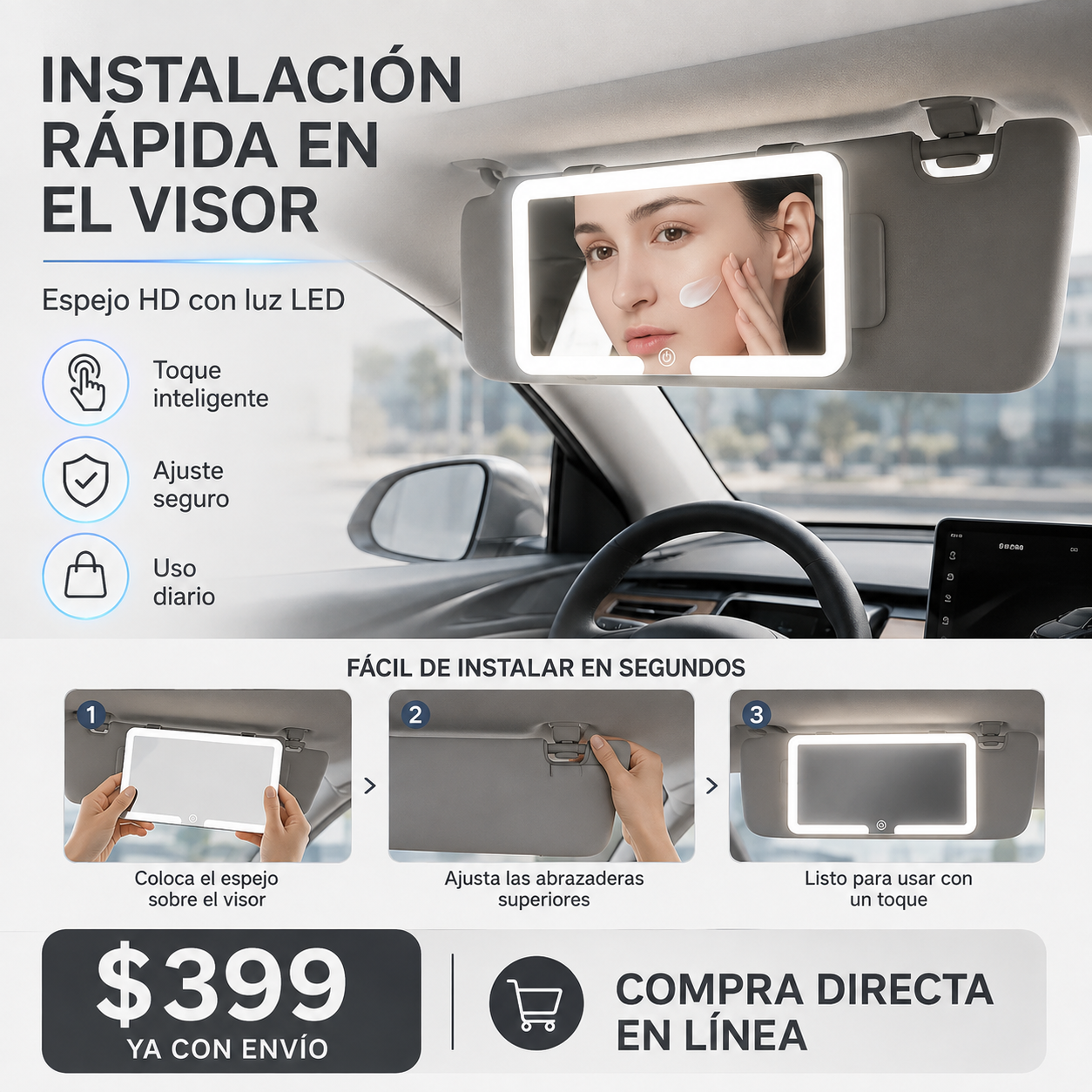 Espejo LED HD Universal para Visera de Auto con 3 Tonos de Luz y Batería Recargable - Imagen 3